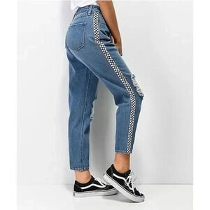 Empyre Eileen Checkered Side Stripe Light Wash Distressed Straight Leg Jeans 4